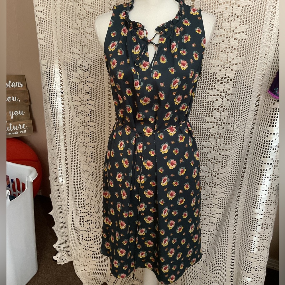 Loft dark green floral shift dress Small
